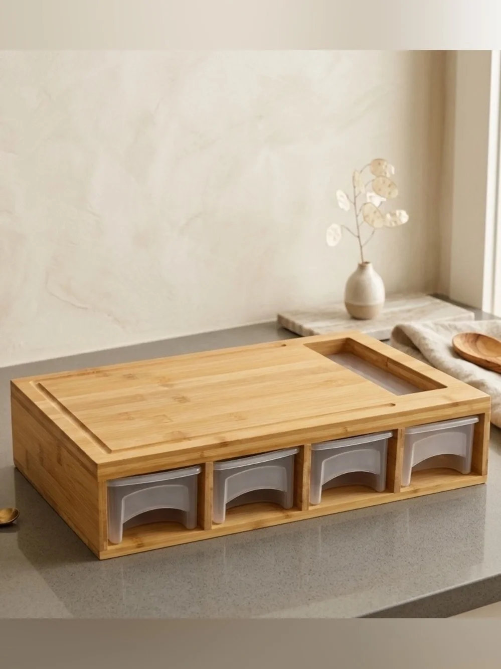 Bamboo Cutting Board with Pull-Out Drawers - Natural (NWOT)